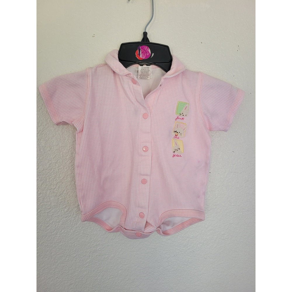 Vintage Carter's Pink Gingham Bunny Romper 3-6M Peter Pan Collar #10